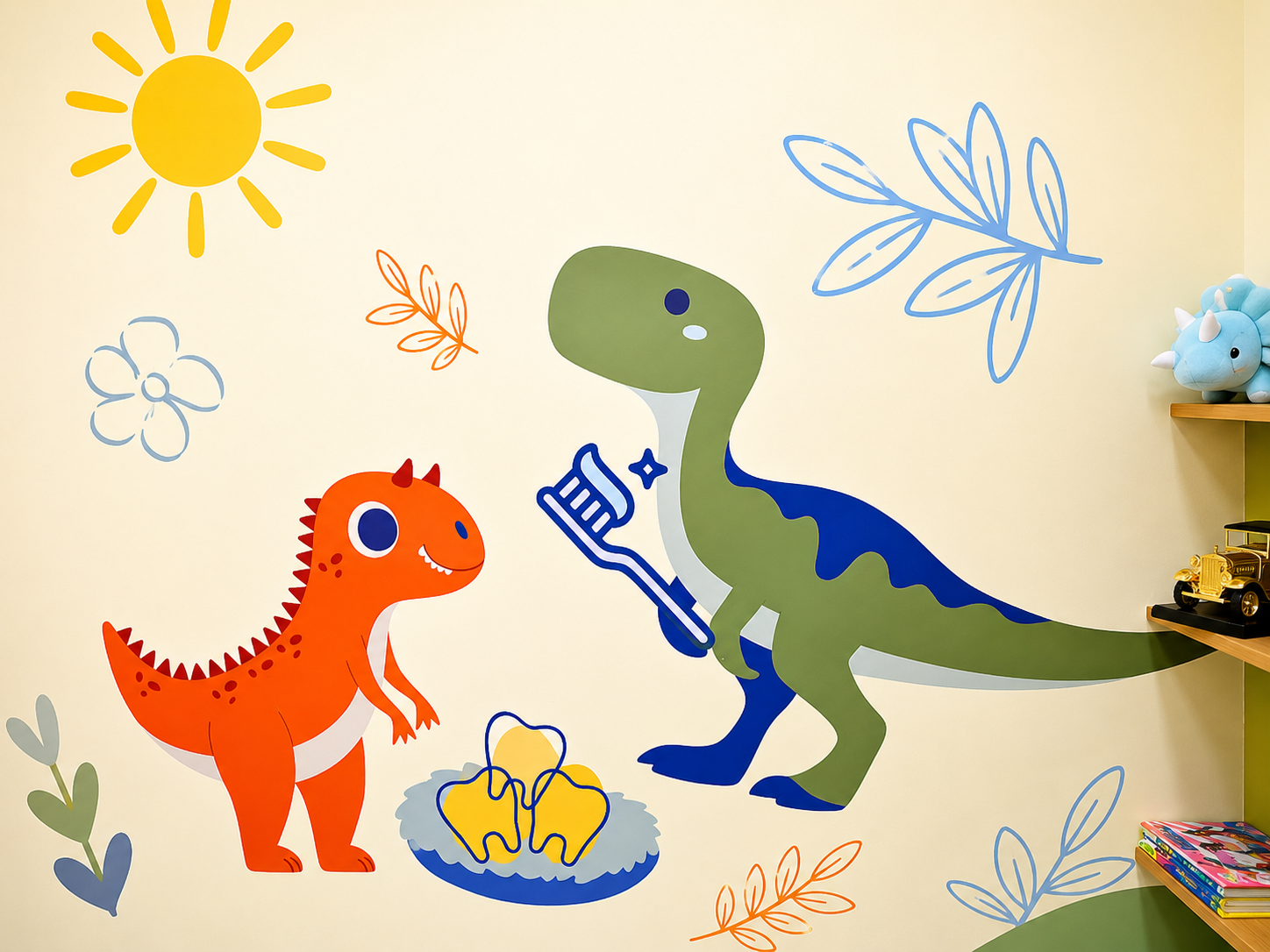 Mural de dinosaurios en el consultorio infantil del Dr. Daniel Manzo
